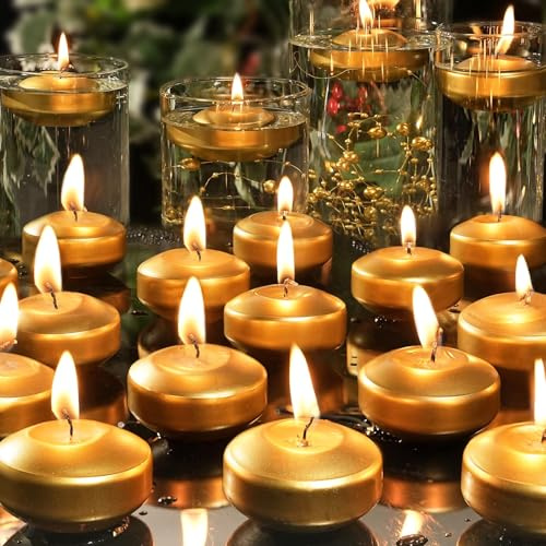 GINITIRI 2 inch Gold Floating Candles, 48 Pack Unscented Floating Candles for Centerpieces,5-6 Hours Water Activated Candle Bulk for Cylinder Vases Wedding Pool