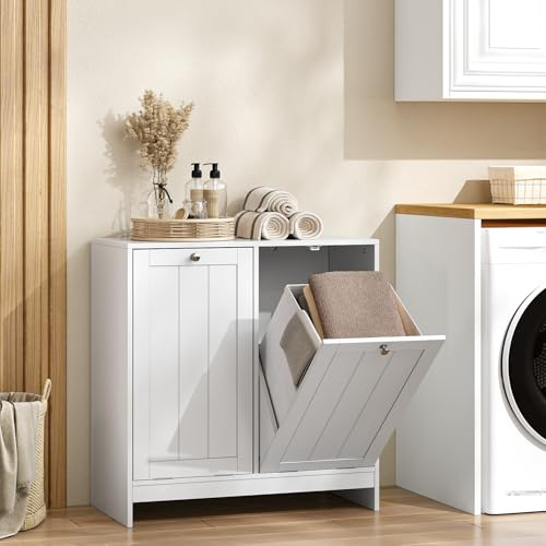 Smart FENDEE Double Tilt Out Laundry Hamper Cabinet, Hidden Trash Cabinets with 2 Baskets for Kitchen, Freestanding Bathroom Storage Cabinet Unit, White