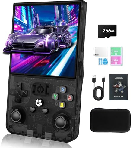 GWALSNTH R36 MAX Handheld Game Console,Mini Retro Game Console with 256GB TF Card, 40000+ Classic Games, 4.0 IPS HD Screen 4000mAh Rechargeable Portable Video Console（Transparent Black）