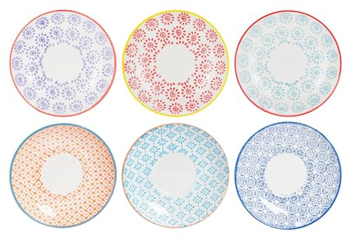 Nicola Spring Hand-Printed Cappuccino Saucers - 14.5cm - Multi - Pack of 6 - Stoneware Tea Dish Espresso Coffee Cup Plate