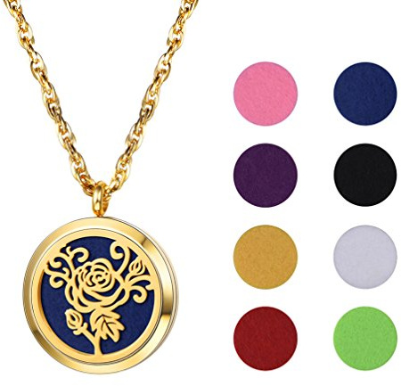 PROSTEEL vergoldet Halskette für Männer Frauen personalisiert Anhänger mit Kette Hohl Rose Blume Medaillon Ätherische Öle Diffusor Floating Locket Aromatherapie Zubehör 8 bunten Pads verfügbar(Gold)