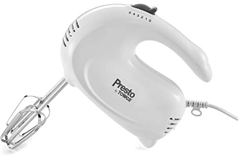 Presto By Tower PT12045WHT Hand Mixer, 2x Stainless Steel Beaters and 2x Dough Hooks, 5 Speeds, Auto-Locking, 150W, White