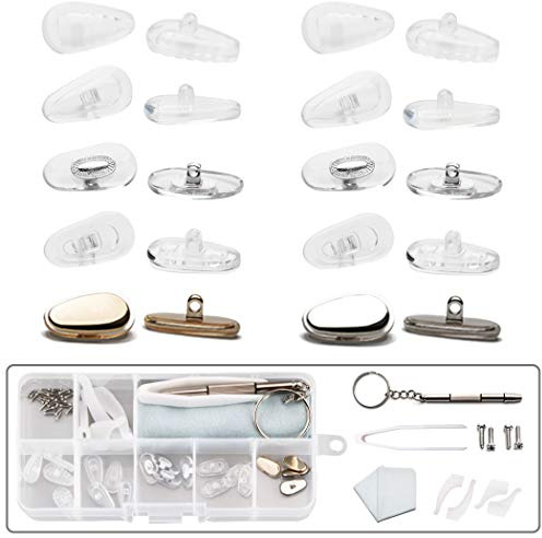 Eyeglass Nose Pads, Silicone Air Bag Metal Eyeglasses Nose Pad for Screw-in Glasses Sunglasses 6 Styles 10 Pairs, with Eyeglass Ear Hook Eyeglass Repair Kit(4 in 1 Screwdriver Tweezer Clean Cloth)