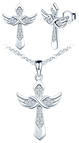 Yumilok Kreuz Kette 925 Sterling Silber Religiöse Kreuz Anhänger Halskette Unendlichkeit Flügel Silberkette Damen Ohrringe Ohrstecker Set für Damen