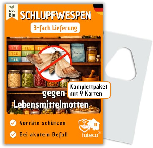 Schlupfwespen gegen Lebensmittelmotten – 9 Karten (3 Karten á 3 Lieferungen) – Mottenbefall natürlich bekämpfen – Für Küche, Vorratsschrank & Speisekammer – Alternative zu Mottenfalle & Spray
