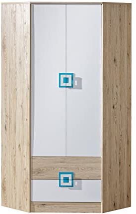 Marmex Nico N2 Eckkleiderschrank - Hochwertige Möbelbeschläge - Kleiner Kleiderschrank - Kleiderschrank für Jugend, Kinderzimmer - Eiche Hell + Weiß + Türkis - 87x190x87cm