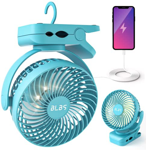 Camping Fan with LED Light - 12000mAh 65H Battery Powered Fan, Rechargeable Fan Use As Power Bank, Tent Fan with Hanging Hook, Portable Clip On Fan, Ceiling Fan for Tent Golf Cart RV Stroller Bed