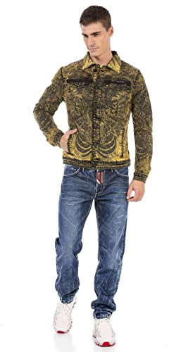 Cipo & Baxx Herren Jeansjacke CJ273 Gelb – Stylische Denim Jacke im Modernen Design mit Prints, Used-Waschung & Zierdetails – Modische Übergangsjacke für Alltag, Freizeit & Party – CJ273 Gelb XL