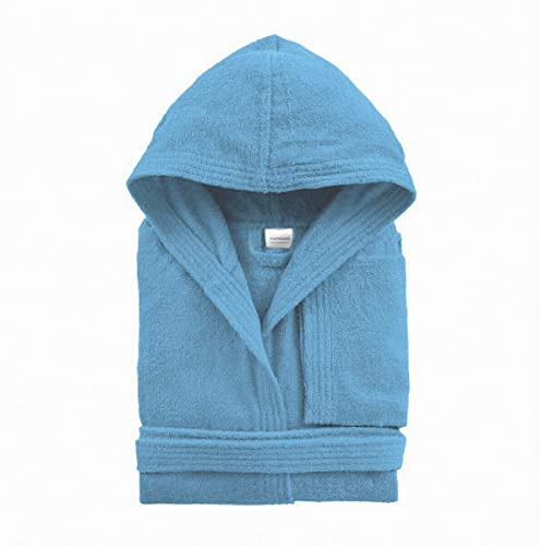Morbidissimi Accappatoio Spugna Adulto Con Cappuccio, Cinturino e 2 Tasche, Accappatoi Uomo Donna in Spugna Morbida 400 gr/mq Puro Cotone V820 (Accappatoio Celeste, M)