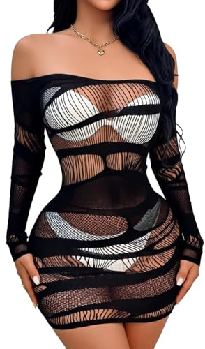 Buitifo Damen Dessous Kleid Babydoll Nachtwäsche Fischnetz Bodysuit Dessous Bodycon Minikleid Clubwear(schwarz qgq,M)