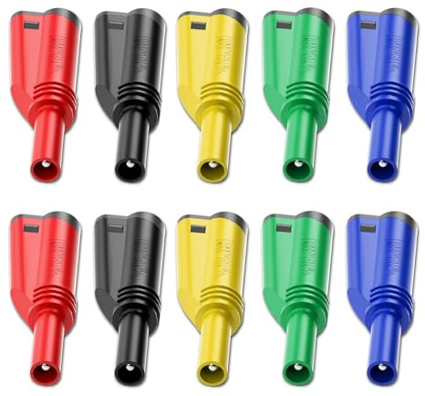 Cleqee 10PCS 4mm Stackable Banana Plugs Shrouded Plug, 5 Colours | 10A Insulated Safety Connector, Screw Type Solderless, For DIY Multimeter Test Leads Cables
