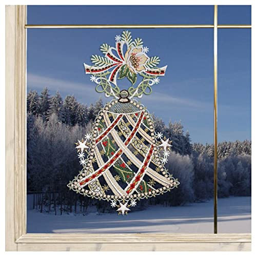 Winter-Fensterbild Glocke mit Christrose Fenster-Dekoration Advent aus Plauener Spitze Glöckchen beige | festliches gesticktes Wintermotiv 32 x 19 cm