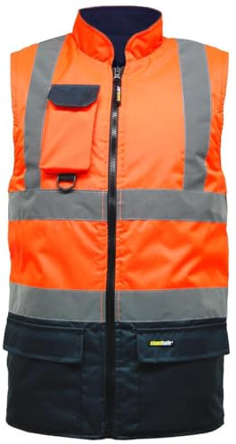 Hi Vis Reversible Fleece Gilet Reflective Saftey Security Work Jacket Protective Waistcoat Bodywarmer (Orange/Navy, L)