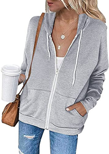 Necooer Damen Kapuzenpullover Reißverschluss Strickjacke Tasche Jacke Jacke Herbst/Winter Damenjacke Grau,XXL