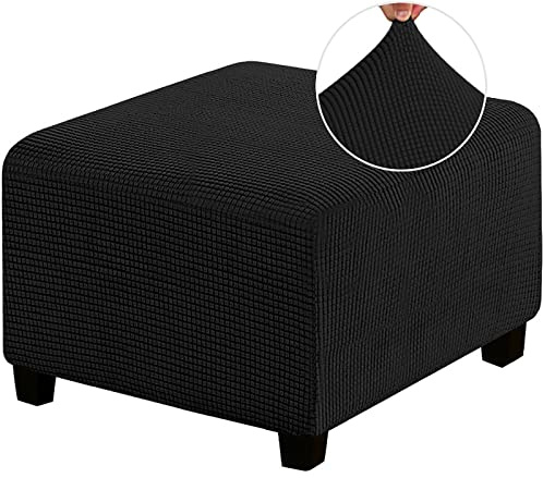 Fyrkantigt ottomanskt överdrag, stretchigt ottomanskt överdrag Tvättbart Supermjukt universalpufföverdrag med elastisk botten Anti-halk fotpall Jacquard Slipcovers, svart