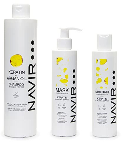 NAVIR Professional | Kit capelli cheratina – Shampoo + maschera + balsamo – Riparazione intensa – Senza solfati – 500 + 200 + 200 ml