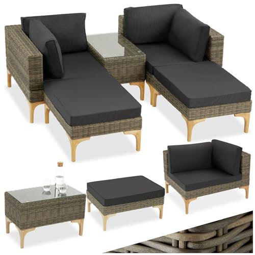 tectake® Outdoor Rattan Lounge, 5-teiliges Gartenmöbel Sofa Set, frei kombinierbar, mit Ecksessel, Hocker, Tisch, Gartenlounge, inkl Sitz- und Rückenkissen - Natur
