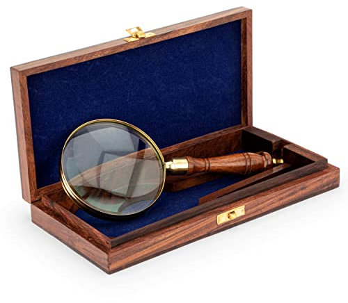 NKlaus Lupe in der Holzbox aus Messing mit Holzgriff 11cm Vergrößerungsglas Leselupe 11722