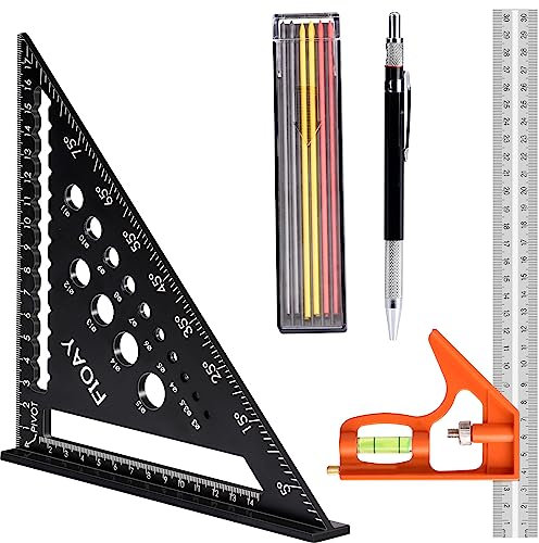 Zimmermannswinkel 180mm, Kombinationswinkel 300mm,Multifunktional Dreieckslineal Schreinerwinkel,Tischler Bleistifte Set mit 12 Ersatzmine für Holzbearbeitungswerkzeuge