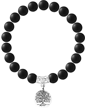 Nàgàrjuna - Bracelet d'Harmonie ARBRE de VIE - Agate Noire Matte Naturelle 8 mm - Argent 925 - Élastique Haute Résistance - Bijou Homme Femme