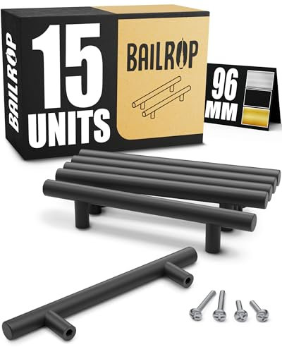 BAILROP Poignée de Meuble Cuisine Noir 96MM - Poignée Noir Meuble Cuisine en Acier Inox - Poignet de Porte Cuisine et Armoire 15 UNITÉS