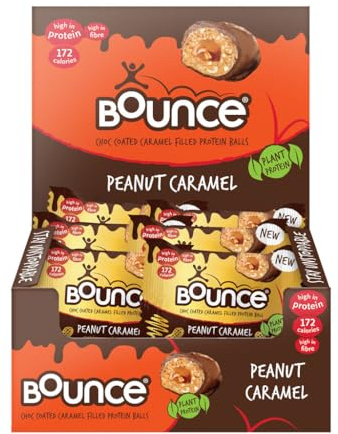 Bounce Chocolate Peanut Caramel Vegan Protein Balls, 9g Protein - 12 Pack | 172 cal, gluten free, high in fibre no palm oil, dark chocolate coated. Individually wrapped snack for on the go.