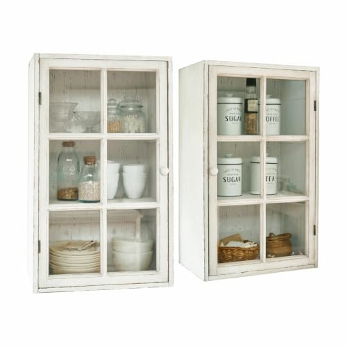 LOBERON Hängeschrank 2er Set Piavo, antikweiß | Edles Landhaus-Flair, Charmantes Antik-Finish, Nostalgischer Look, Küchenschrank, Küchenmöbel, Kiefernholz, Glas