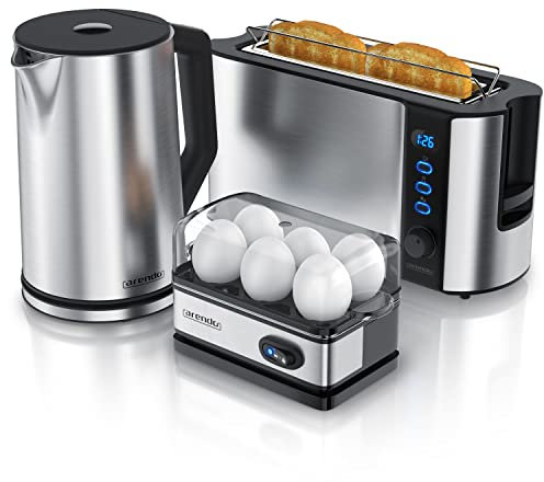 Arendo Ensembles Bouilloire et grille-pain et cuiseur à oeufs Bouilloire en inox 1,5L 40° à 100°C Grille-pain 2 Tranches Ecran LED 6 niveaux de brunissage Cuiseur à oeufs 1-6 oeufs Verre doseur Gris