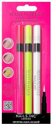 Nails.INC Neon Mani Marker Nail Art Pen Trio, DIY Nail Drawings, Fine Tip, Thin Brush, No Bleed, Manicure Tools, Drawing & Painting, Long Lasting, Vegan, Cruelty Free, Nail Art Pen 3 Piece Set