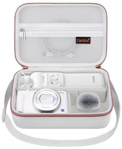 Canboc Carrying Camera Case for Sony ZV-1/ZV-1F/ZV-1 II Vlog Digital & Vlogger Accessory Kit Tripod, Travel Storage Bag with Strap, Mesh Pocket fit Cable, White