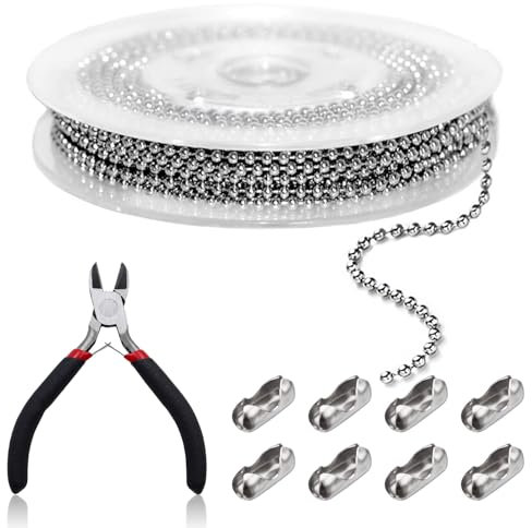 LOREC 32.8 Feet Stainless Steel Ball Bead Chain Ball Chain Beaded Pull Chain Extension Roller Chain Silver With 50 Roller Blind Chain Connectors 1 Pliers for Bracelet Keychain Tag DIY Jewellery Making