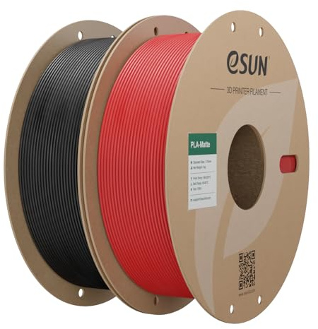 eSUN Uppgraderad Matt PLA Filament 1.75mm, Matt PLA 3D-skrivarfilament, 1KG per Spole, 2 Spolar 3D-tryckmaterial för 3D-skrivare, Djup Svart+Brandbil Röd