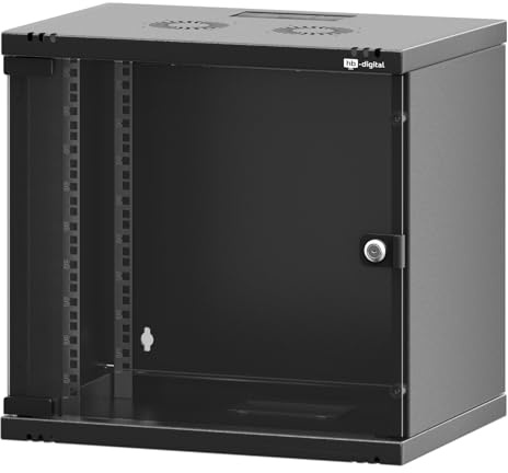 hb-digital nätverksskåp 19 tum 9HE väggmonterad glasdörr syndörr lås vägghölje för EDV router patchpanel lastkapacitet 60 kg robust djup 400 mm låsbar med ventilation omonterad – svart