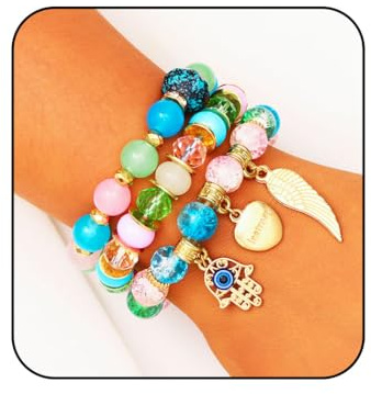 Jovono Boho-Armbänder mit Perlen, stapelbar, mehrlagige, elastische Handkette, Vintage-Armreif mit bösen Augen und Herzperlen, Armbandketten-Set für Damen (3PCS) (Bunt)