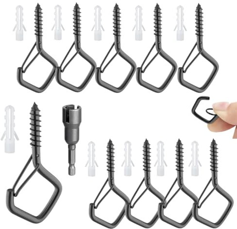 10 tornillos de gancho de acero inoxidable con hebilla de seguridad, ganchos de rosca negros, ganchos de pared para atornillar, ganchos de techo para colgar plantas, luces decorativas, macetas (10,