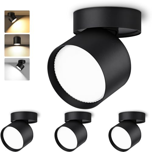GeyouLux Foco LED Techo Superficie - 3CCT Foco LED Interior Techo 7W 800LM - Bombilla LED GX53 Incluido - Giratorio 350°+90° - 3000K/4500K/6500K - Aluminio Plafon Techo Negro 4 piezas
