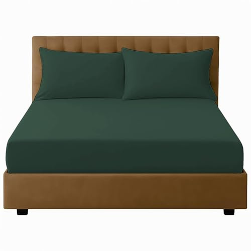 GC GAVENO CAVAILIA Microfiber Fitted Sheet | Deep Pocket 10 inch (25 cm) Single Fitted Sheet | Elasticated Corner Plain Dark Green Bedding Shrinkage & Fade Resistant - Bottom Sheet