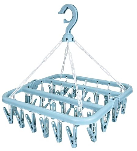 Tendedero plegable a prueba de viento, color azul para colgar calcetines, tendedero plegable con 32 clips, resistente al viento, gancho giratorio, resistente al viento, perchas para calcetines