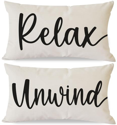 HERHOME Decorative Throw Pillow Covers 12x20 Inch Set of 2 Quotes Relax Unwind Outdoor Farmhouse Front Porch Patio Decor Lumbar Cushion Case Decoration for Home Sofa Couch Living Room