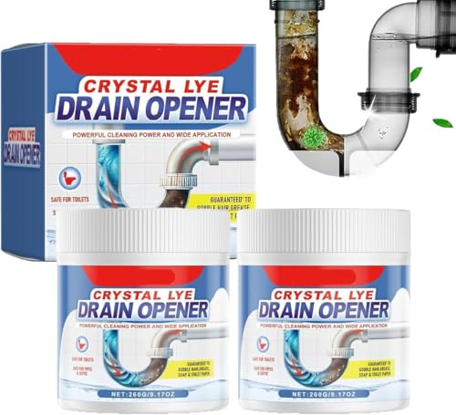 Lot de 2 ouvre-canalisations Crystal Lye, nettoyeur d'évier sauvage et de pluie D, puissant agent de dragage de tuyaux, poudre nettoyante pour évier, nettoyant tout usage pour cuisine et toilettes