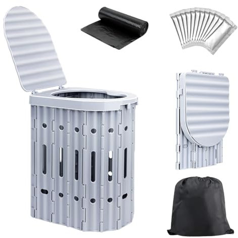 Portable Toilet for Camping, 16'' Folding Potty with Lid & 15 Bags, Load Capacity 150kg, Ideal for Outdoor Activities, Hiking, Fishing, and Campervans