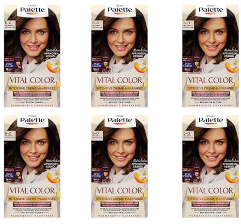 6x Poly Palette Vital Color Intensive Creme-Haarfarbe 6-0 Hellbraun natürlich-aussehende & langanhaltende Coloration, permanente Coloration auch bei weißem Haar 115 ml (6er Pack)
