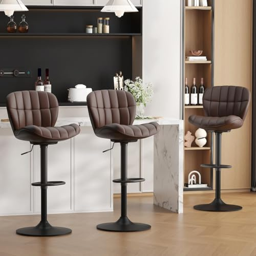 Ckaff Barhocker 3er Set, Barstuhl höhenverstellbar aus PU-Leder, 360°Drehstuhl Küchenstuhl mit Rückenlehne und Fußstütze für Küche, Wohnzimmer, Esszimmer, Bar, Braun
