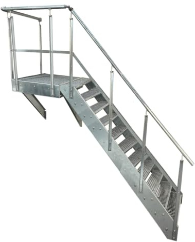Premium piedesttrappa kind–ståltrappa 11 nivåer, höjd 209 cm, inklusive piedestal 100 x 100 cm, med eller utan räcken, helt galvaniserad, väderbeständigt galler (orientering trappor höger)