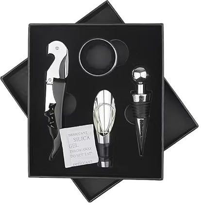 ZiaWorld Set di accessori per apribottiglie in elegante scatola espositiva, kit completo di 4 attrezzi per vino, cavatappi resistente, tappo in acciaio inox, regalo per matrimoni, inaugurazione della