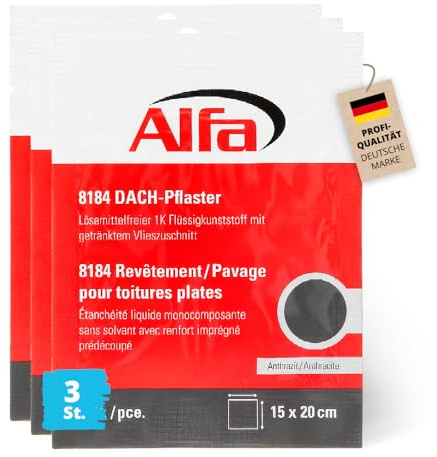 3x Alfa DACH-Pflaster 15 x 20 cm – 1K Flüssigkunststoff mit Vlieszuschnitt | Profi-Qualität - Inkl. Handschuhe - UV-beständig - Feuchtigkeitsunempfindlich und Geruchsarm - keine Grundierung notwendig