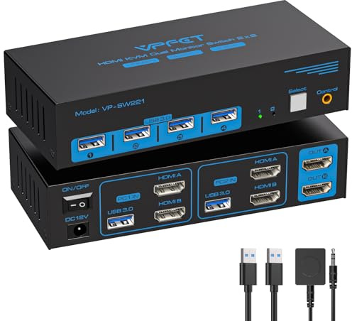 VPFET HDMI KVM Switch 2 PC 2 Monitore 8K60Hz USB 3.0 KVM-Switches für Zwei Computer teilen sich Dual Monitor und Vier Peripheriegeräte Support Erweiterungsmodus & Kopiermodus mit Desktop-Controller