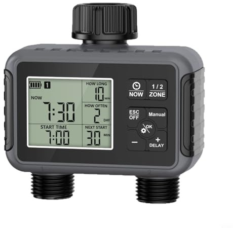 Nexbrill Ordinateur d'irrigation 2 minuteries programmable pour arrosage de jardin double sortie IPX5 Retard de pluie pour arroseur de pelouse, système de tuyau de serre ABS 130 x 130 x 65 mm