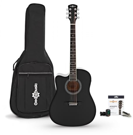 Dreadnought-Cutaway für Linkshänder und Zubehör-Set, Schwarz | Dreadnought-Cutaway für Linkshänder mit Vorverstärker und 3-Band-EQ, Gigbag Saiten Stimmgerät, Schwarz