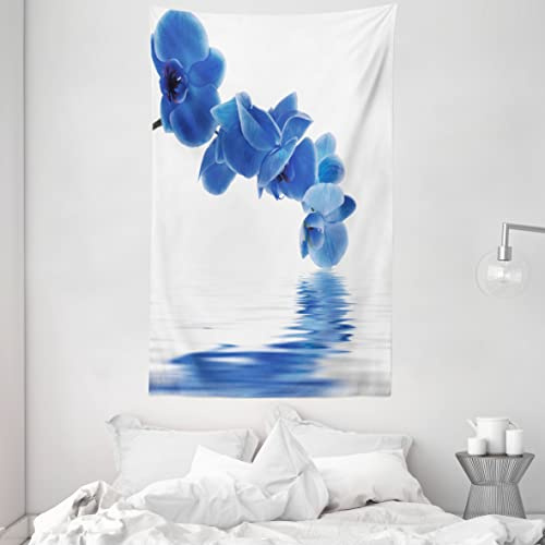 ABAKUHAUS Blau Wandteppich und Tagesdecke, Orchideen-Braut aus Weiches Mikrofaser Stoff Waschbar ohne Verblassen Digitaldruck, 140 x 230 cm, Blau Violett Weiß